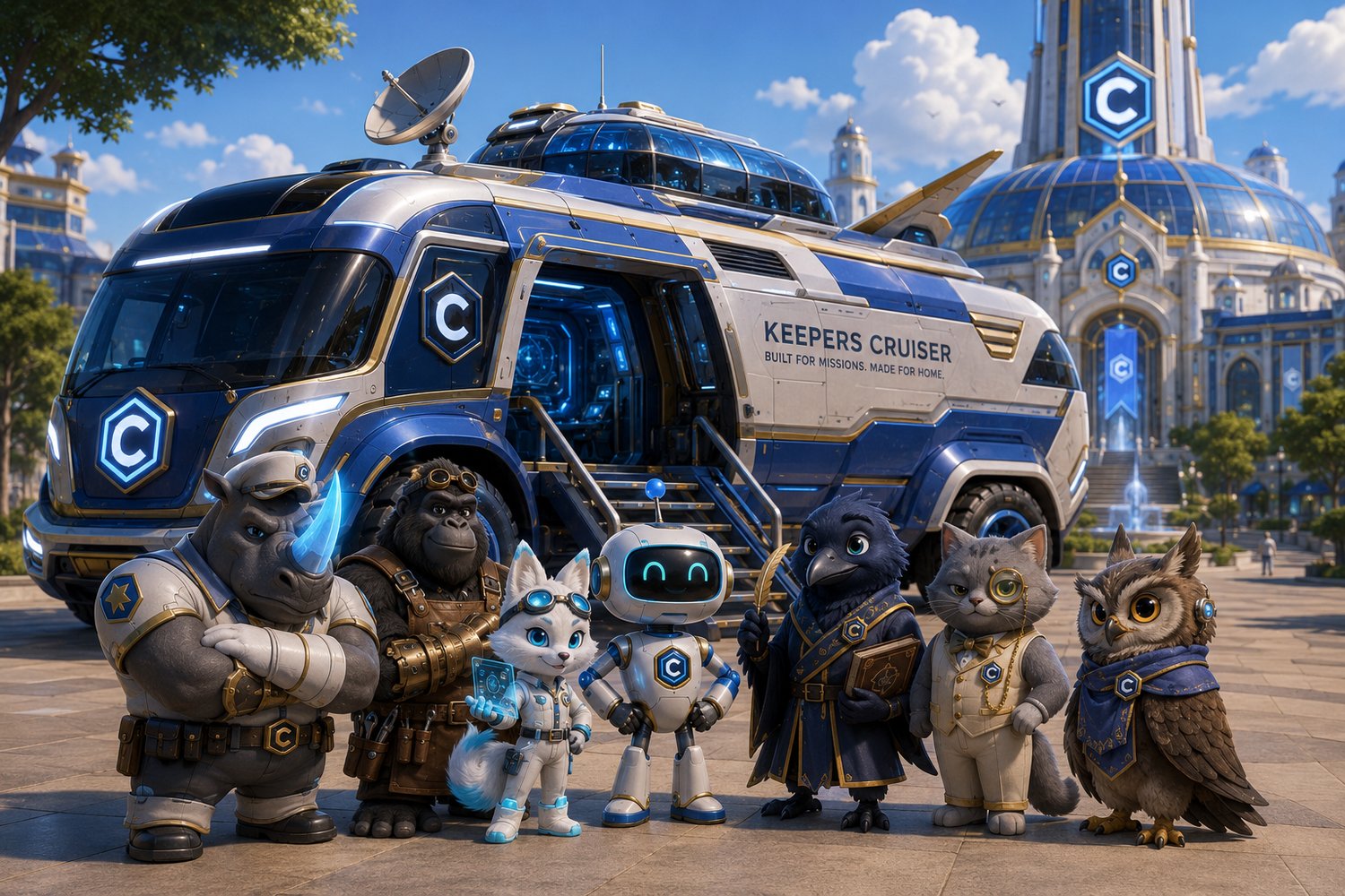 The Keepers Cruiser with the full team — Porter, Forge, Pixel, Atlas, Ink, Sterling, and Echo