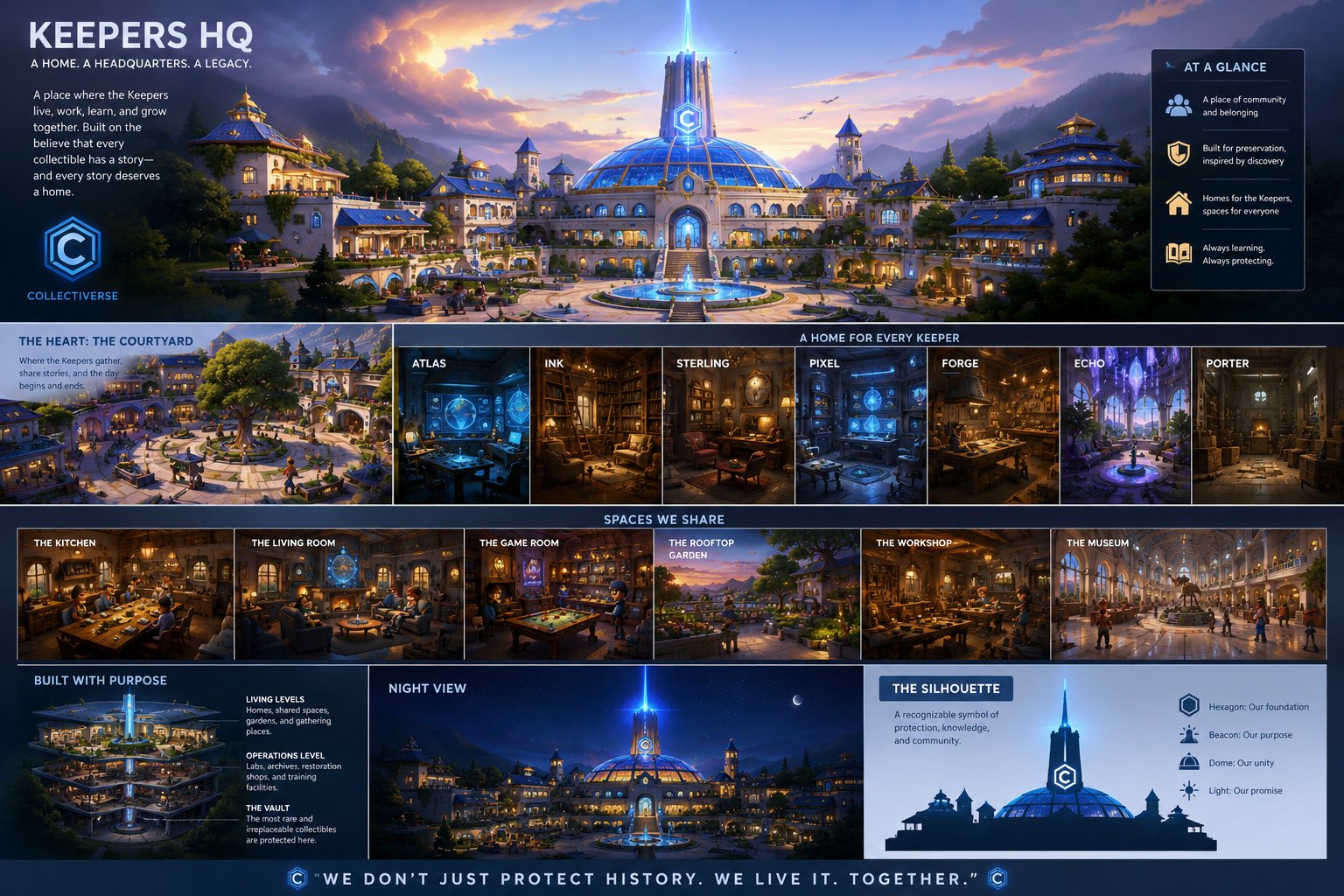 Keepers HQ — the domed headquarters with living levels, shared spaces, and the Vault